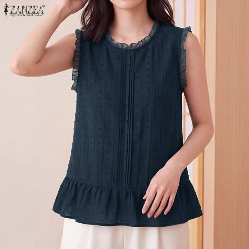 ZANZEA Women Blouses Ruffles Tops Sleeveless Tee Summer Blusas O Neck Tunic Oversize Casual Blouse Solid Color Streetwear