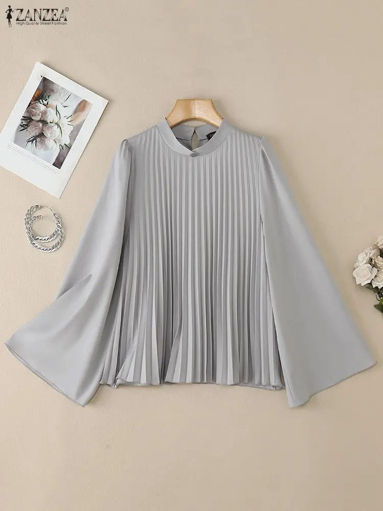 ZANZEA Elegant Chic Plisse Women Blouses Stand Collar Long Flare Sleeve Solid Color Pleated Tops Autumn Fashion Woman Clothes