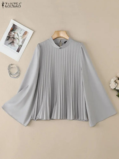 ZANZEA Elegant Chic Plisse Women Blouses Stand Collar Long Flare Sleeve Solid Color Pleated Tops Autumn Fashion Woman Clothes