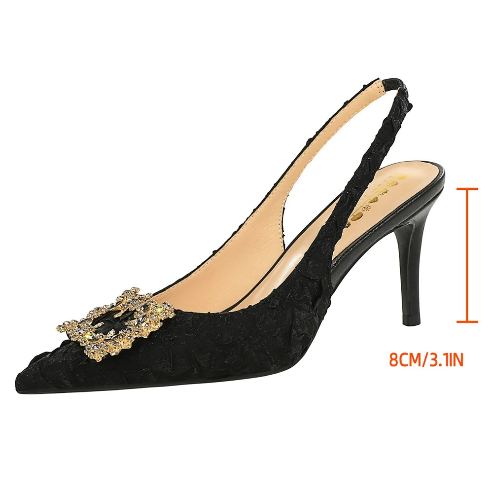 Luxury High Heels Women Shoes Summer Sandals Metal Rhinestone Square Buckle Women Pumps Stiletto Pleated Silk Women Sandals