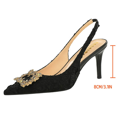 Luxury High Heels Women Shoes Summer Sandals Metal Rhinestone Square Buckle Women Pumps Stiletto Pleated Silk Women Sandals