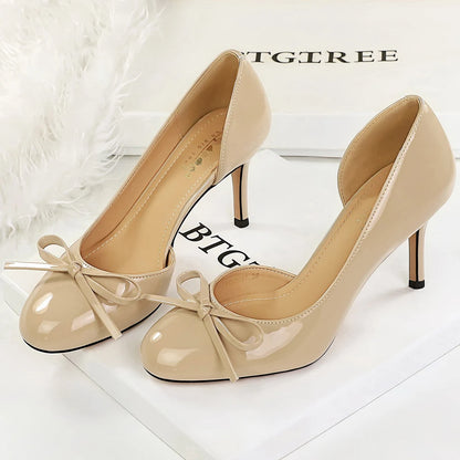 BIGTREE Shoes Round-toe Women Pumps Patent Leather High Heels Bowknot Women Heels Stiletto 8 cm Sexy Party Shoes Nude Black