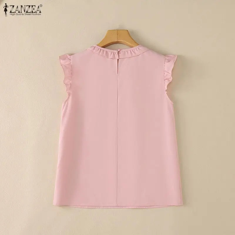ZANZEA 2026 Women Elegant Regular-fit Blouses Ruffles Trim O-Neck Cap Sleeves Solid Color Tops Summer Lightweight Day Wear Blusa