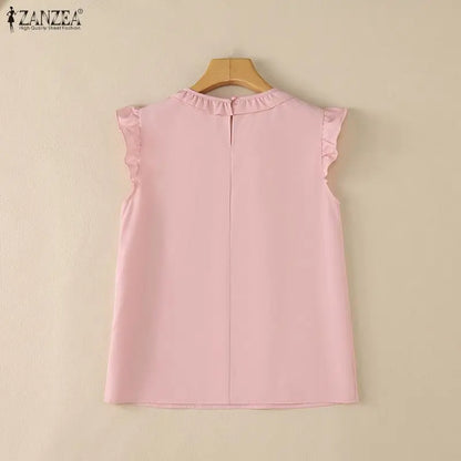 ZANZEA 2026 Women Elegant Regular-fit Blouses Ruffles Trim O-Neck Cap Sleeves Solid Color Tops Summer Lightweight Day Wear Blusa