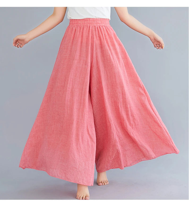 Cotton Linen Wide Leg Pants for Women Summer Casual Loose Pants High Waist Big Swing Skirt Capris Women Clothing PT-565