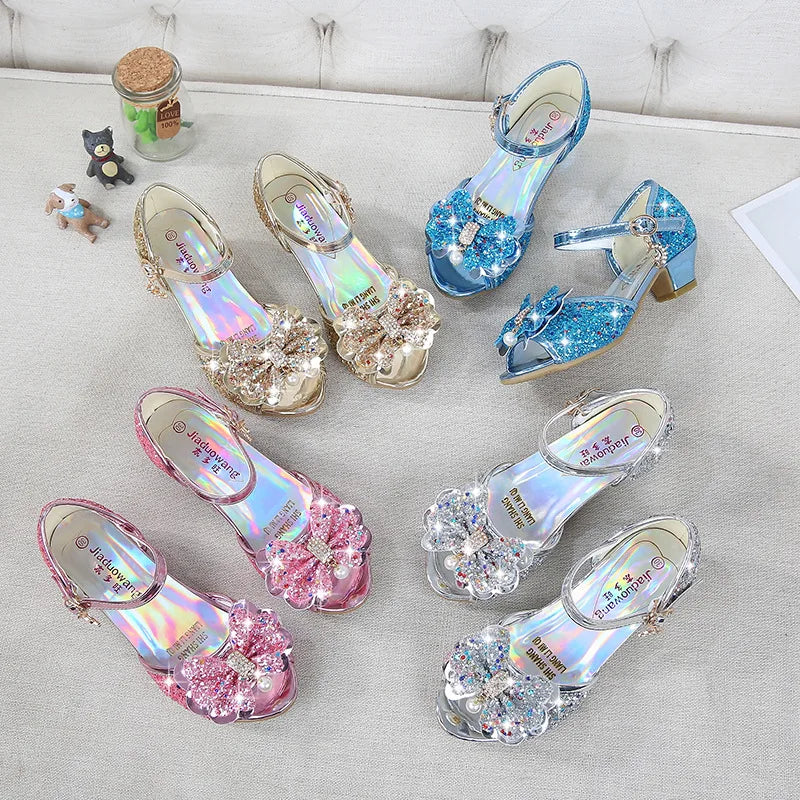 Children Princess Sandals Kids Girls Wedding Shoes High Heels Dress Shoes Bowtie Purple Pink Blue Silver Shoes For Girls