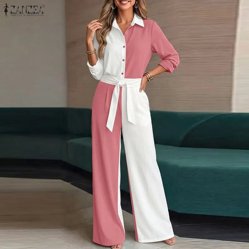 ZANZEA Fashion Women Matching Sets Autumn Chic Color-Blocking Office Outfits Long Sleeve Shirt Belted Wide Leg Pant Sets 2 Piece