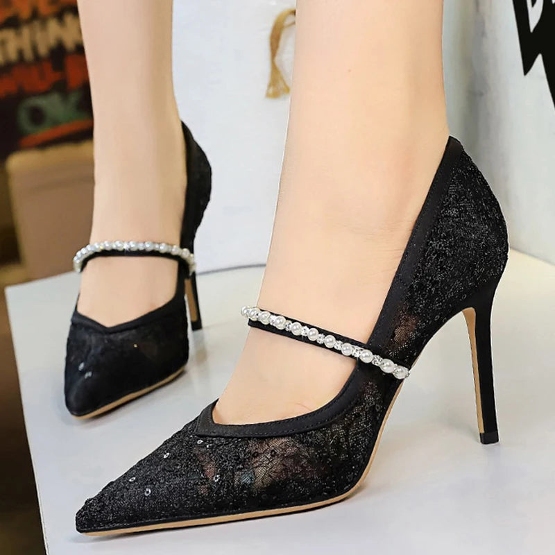BIGTREE Shoes Rhinestone Pearl Women Pumps Lace High Heels Sexy Party Shoes Stiletto Heels Luxury Banquet Shoes Women Heels New