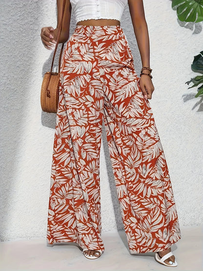 Ladies' summer floral print wide leg pants, elegant high waisted loose casual pants, suitable for vacation style