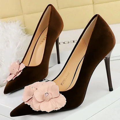 Fashiona High Heels 9.5 cm Color Blocked Flowers Women Pumps Thick Suede Elegant Banquet Shoes Stilettos Heeled Shoes Woman 2026