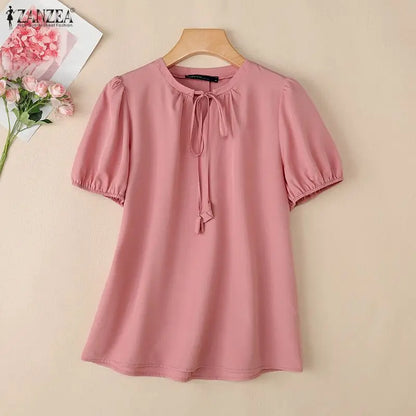 ZANZEA 2026 Woman Elegant Tie Neck Blouses Puff Short Sleeve Solid Color Tunic Tops Summer Casual Daily Wear Blusas Mujer S-3XL