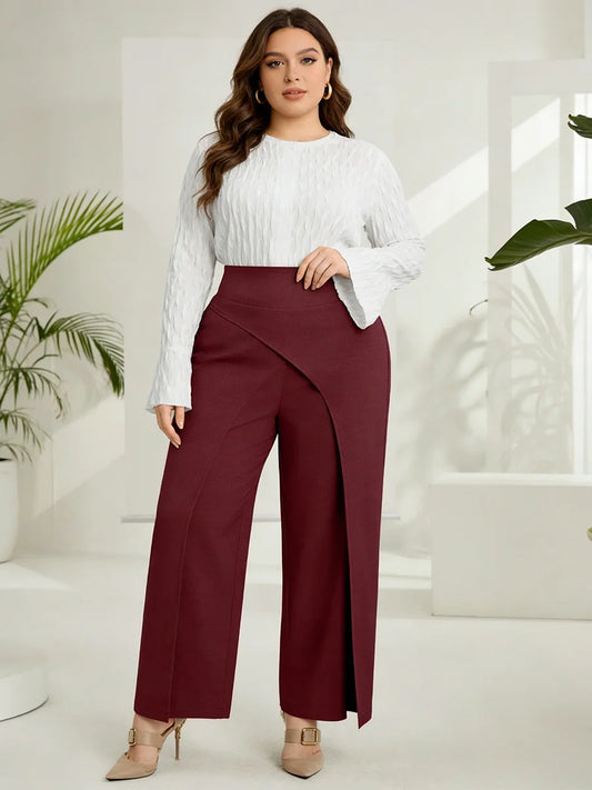 Plus Size Women's Pants High Waist Back Zipper Solid Textured Wide Leg Bottoms Elegant Spring Summer Office Stretch Bottoms