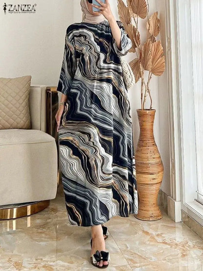 ZANZEA Fashion Casual O Neck Long Sleeve Printed Dress Muslim Dresses Abaya Women Summer Sundress Robe Femme Loose Vestidos