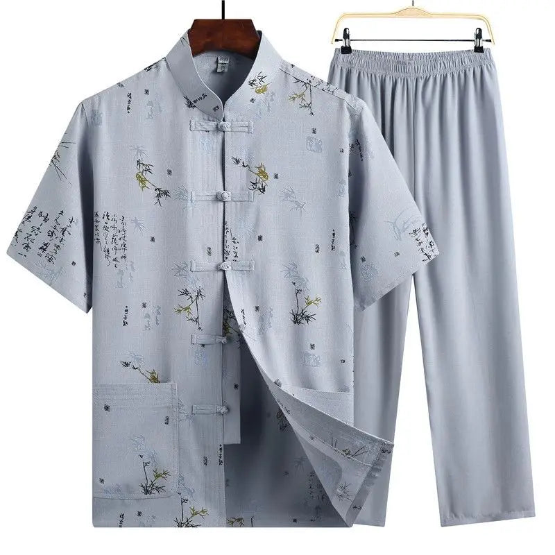 Men's Red Two-piece Summer Set: A Short Jacquard Shirt in Chinese Style Paired with Elastic-waist Pants. White, Gray, Beige-Blue