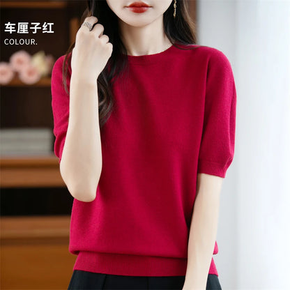 Autumn Women 100% Merino Wool Sweater O-Neck Cashmere Pullover Basic Fashion Short Sleeve Clothing Comfort Top Casual Solid