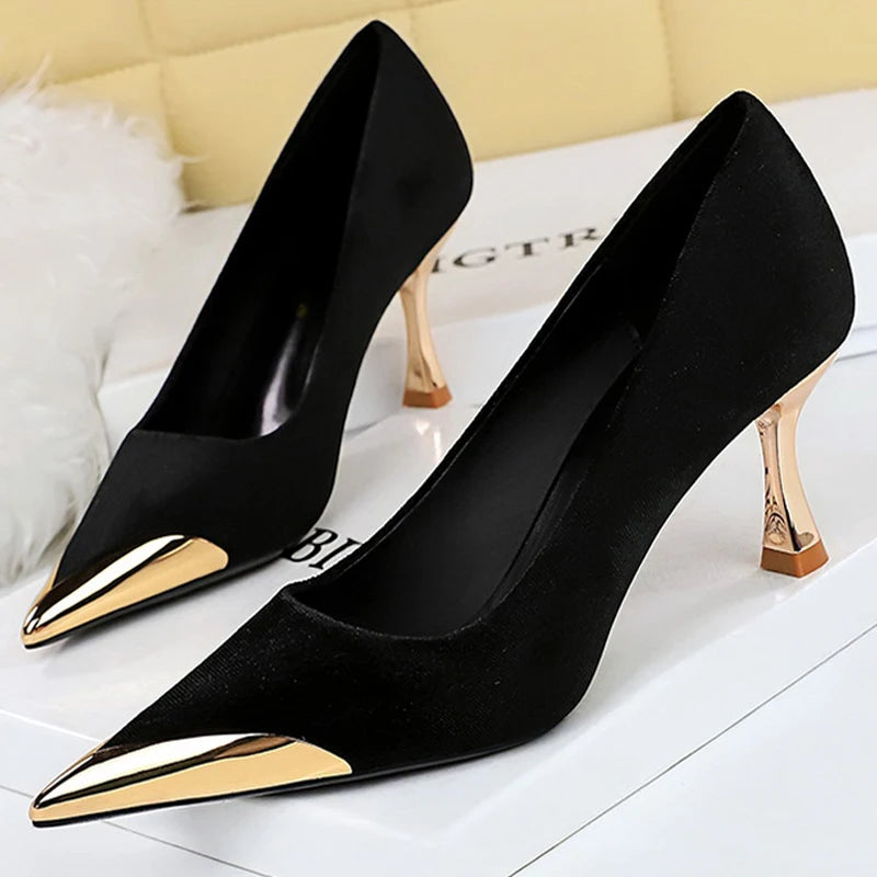 Women 7 Cm Heels Metal Pointed Women Pumps Fashion Kitten Heels Sexy Party Shoes Women Suede Lady Heels Luxury Wedding Shoes