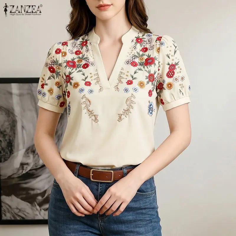 ZANZEA 2026 Summer Floral Print Blouses Woman Casual V-Neck Short Puff Sleeve Pullover Blusas Mujer Vacation Everyday Wear Tops