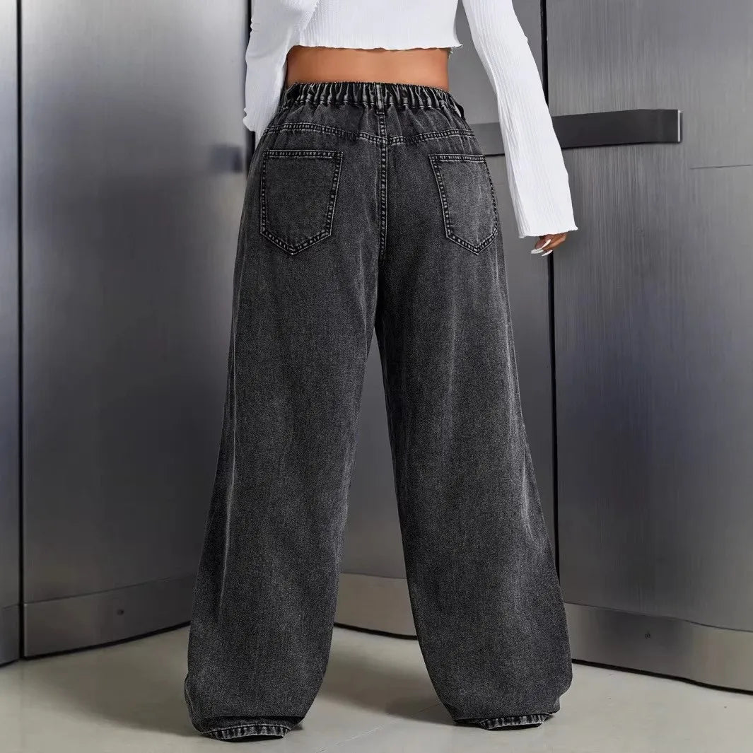 Women Plus Size Jeans High Waist Wide Leg Denim Pants Cotton Distressed Denim Jeans Oversized Black Wash Full Length Jeans Pants
