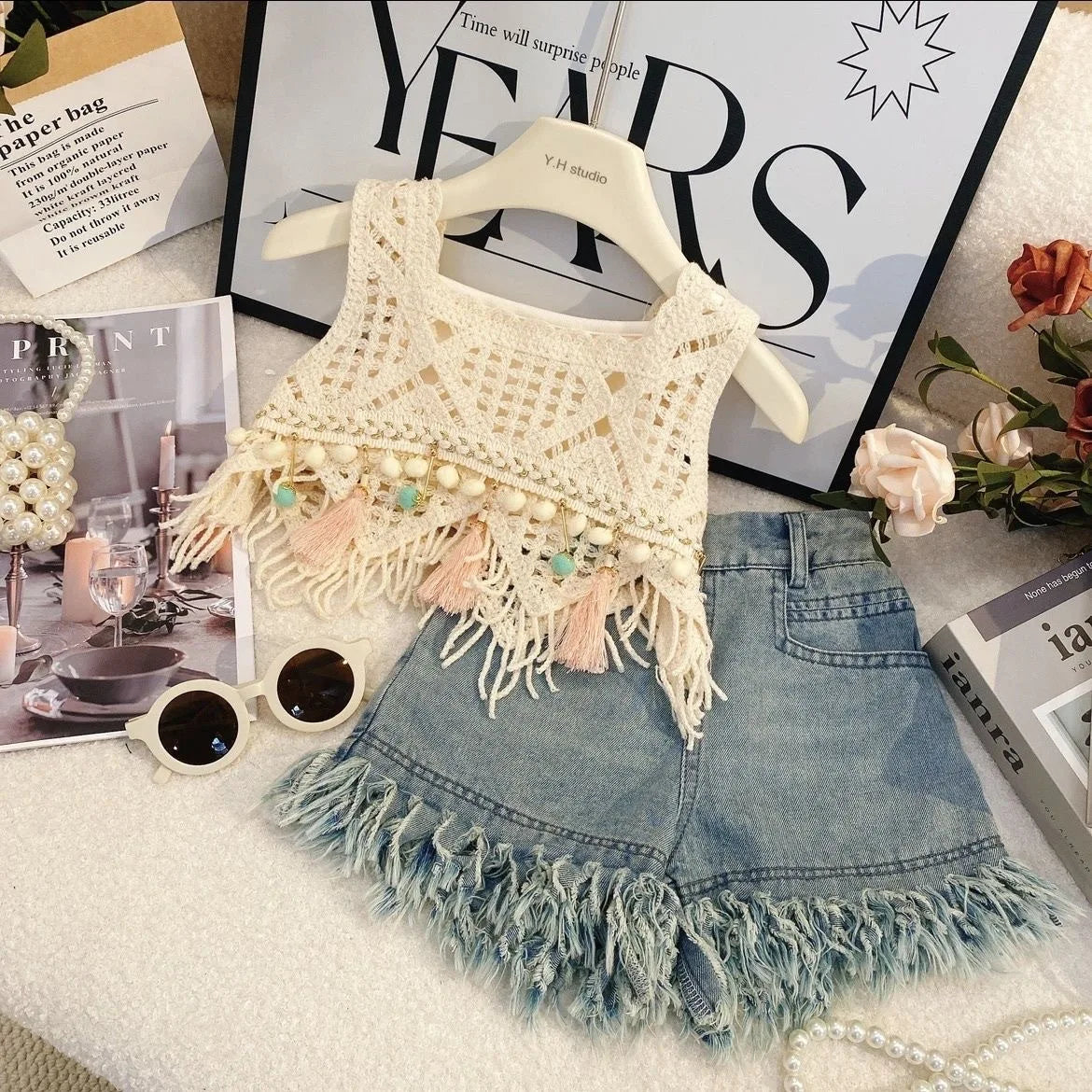 2025Girls' Summer New Hollow Vest Camisole Denim Shorts Three-Piece Set