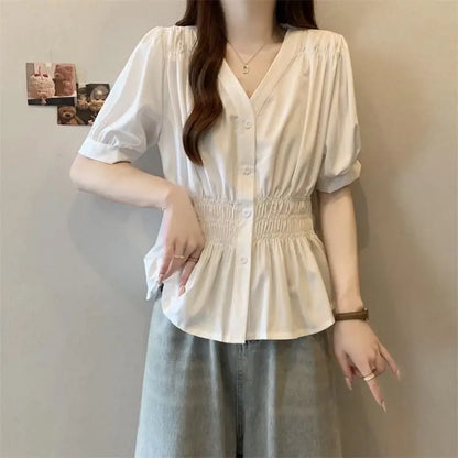 Elastic waist cinching and slimming summer shirt, women's short sleeved solid color top, new minimalist V-neck French style top