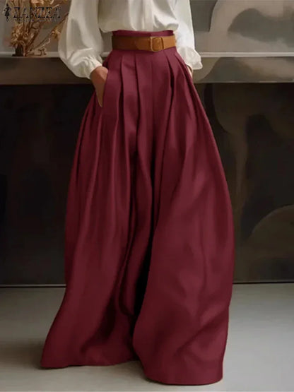 2025 ZANZEA Women High Waist Pants Elegant Wide Leg Long Trouser Satin Silk Formal Pantalons Summer Casual Pocket Office Bottoms