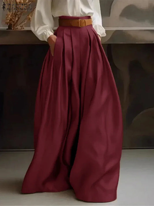 2025 ZANZEA Women High Waist Pants Elegant Wide Leg Long Trouser Satin Silk Formal Pantalons Summer Casual Pocket Office Bottoms