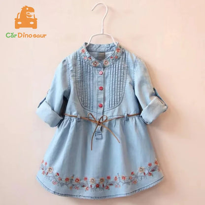 2026 Spring Autumn New 3 4 6 8 10 12 Years Embroidery Flower Long Short Sleeve Double Use Denim Blue Kids Girl Dress With Belt