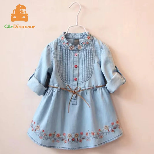 2026 Spring Autumn New 3 4 6 8 10 12 Years Embroidery Flower Long Short Sleeve Double Use Denim Blue Kids Girl Dress With Belt