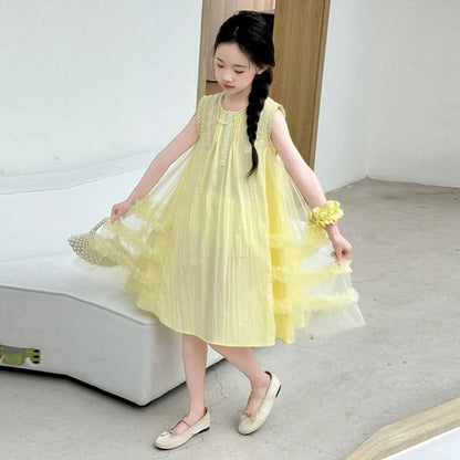 Mesh Skirt Summer Outfit for Girls Cotton Dress Elegant Girl Clothes 7 8 Years Kids Dresses 10 Old Sale Party Pink Princess Suit