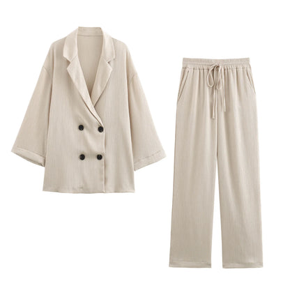 Autumn New Women's Clothing European And American Style Fashionable Wrinkled Suit Jacket Casual Pants Set
