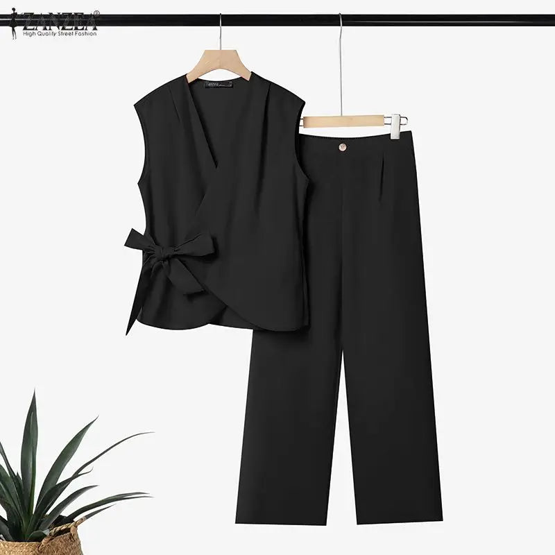ZANZEA Women Minimalist Matching Pant Sets Wrapped V-Neck Sleeveless Tops & Wide Leg Pants 2 Piece Suits Casual Commute Outfits