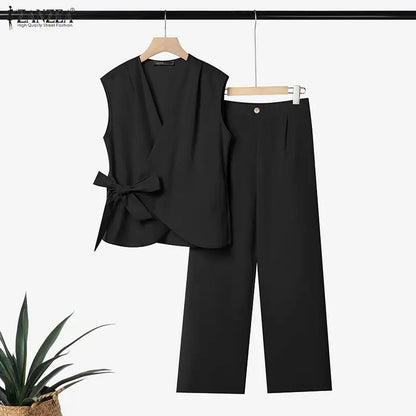 ZANZEA Women Minimalist Matching Pant Sets Wrapped V-Neck Sleeveless Tops & Wide Leg Pants 2 Piece Suits Casual Commute Outfits