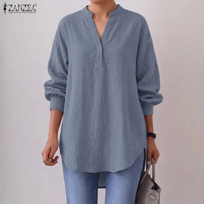 ZANZEA Oversized High-Low Blouses Woman V-Neck Lantern Sleeves Crinkled Fabric Solid Color Tops 2026 Autumn Casual Work Blusas
