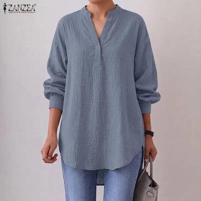 ZANZEA Oversized High-Low Blouses Woman V-Neck Lantern Sleeves Crinkled Fabric Solid Color Tops 2026 Autumn Casual Work Blusas