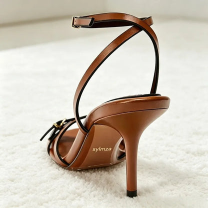 Fashion Narrow Band Buckle Detail Gladiator Sandals Women Brown Soft Leather Heeled Sandals Summer Sexy Open-toe Designer Shoes