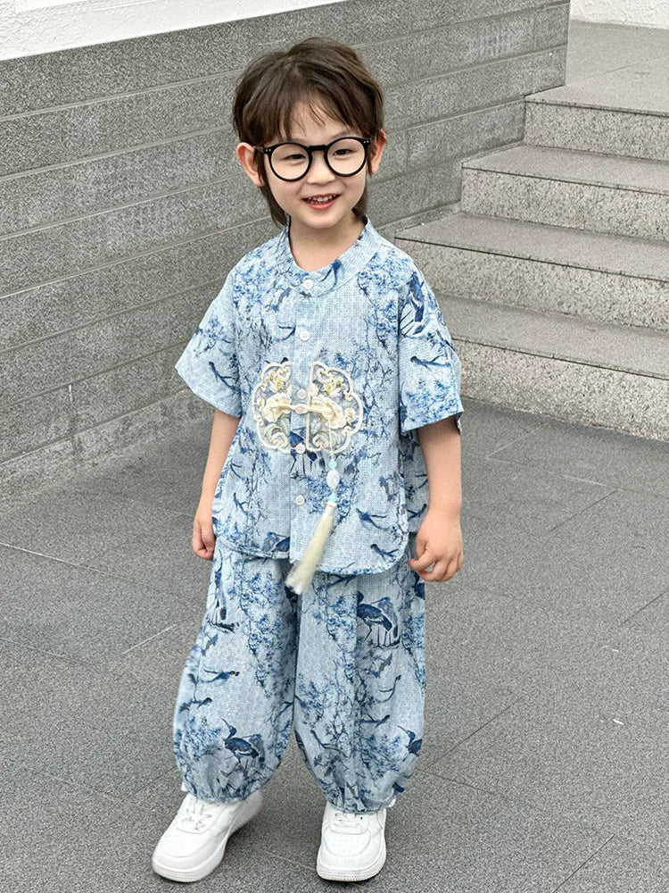 Short Sleeve Tops Shorts 2 Piece Set Boy Outfit Casual Kids Clothes Baby Tang Hanfu Suit Boys Costume Children's Sets Summer