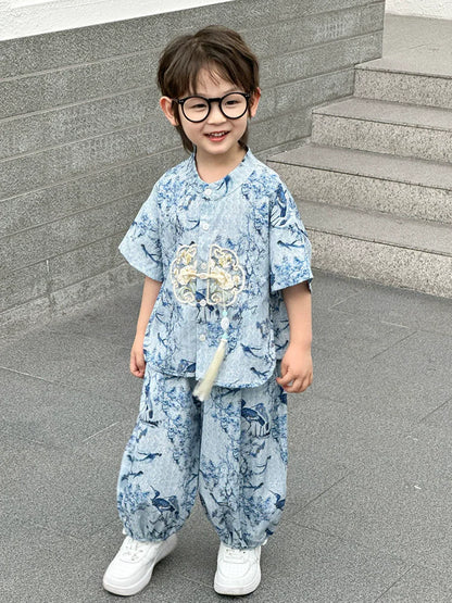 Short Sleeve Tops Shorts 2 Piece Set Boy Outfit Casual Kids Clothes Baby Tang Hanfu Suit Boys Costume Children's Sets Summer