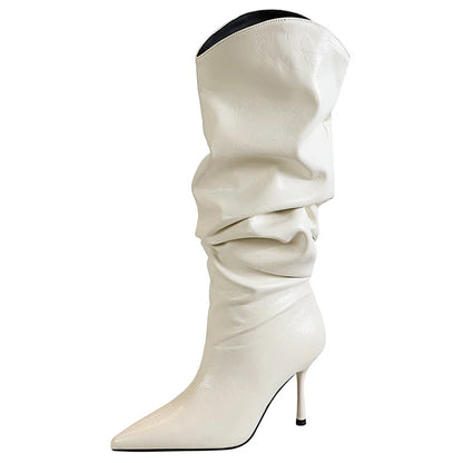 BIGTREE Shoes Sexy Stiletto Women Knee High Boots Pointed High-heeled Boots Fashion Long boots Pleated Leather Boots Female Shoe