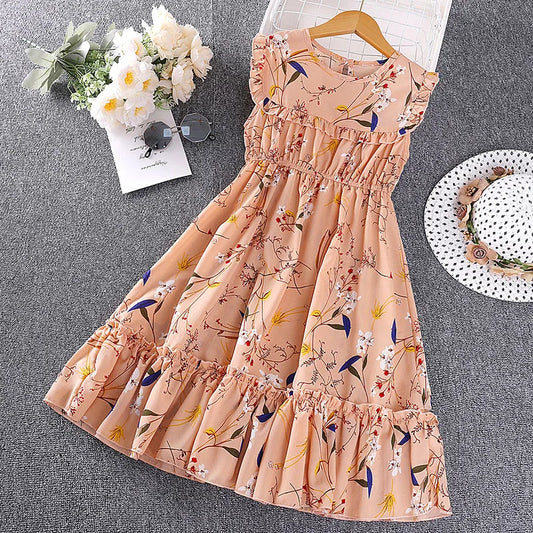 Children Girls Summer Casual Sleeveless Dress 5-12T Crew Neck Floral Dress Cool Breathable Princess Dress Kids Daily Clothes