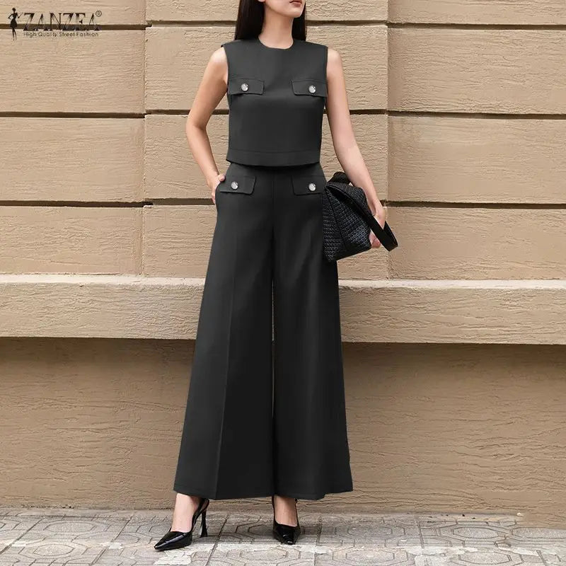 ZANZEA Women's Summer Elegant Pant Suits Sleeveless Cropped Tops & Wide Leg Pants 2 Pieces Sets Office Commute Pant Sets Outfits
