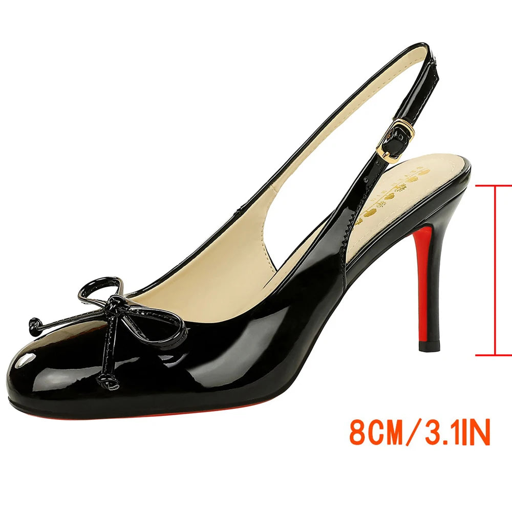 BIGTREE Shoes Round Head High-heeled Sandals Summer Shoes Stilettos 8 cm Heels Women Pumps Bowknot High Heels Patent Leather