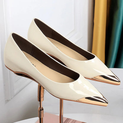 BIGTREE Shoes Low Heeled Women's Shoes Patent Leather Wedge Heels Women Pumps Metal Pointed Tip Luxury Banquet Shoes Fashion