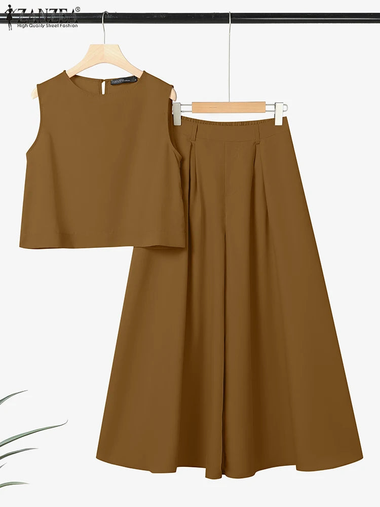 ZANZEA Woman Fashion 2-Pieces Sets Summer Sleeveless Crop Tops & Wide Leg Pants 2pcs Suits Outfit Elegant Casual Loose Pant Sets