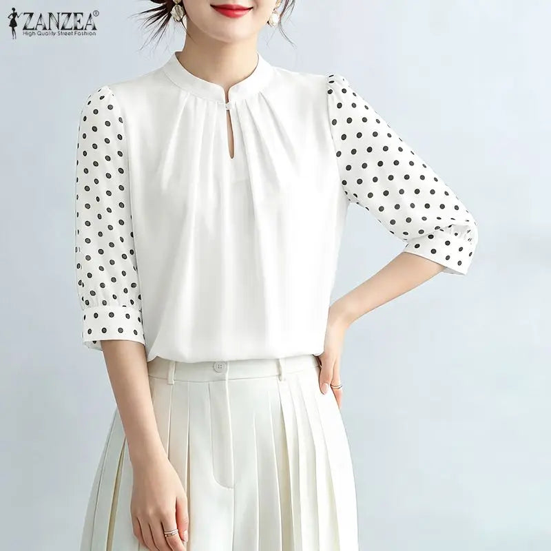 ZANZEA Women Elegant Gathered Blouses Spring Polka Dot 3/4 Puff Sleeves Stand Collar Tops Summer Daily Casual Blusas de Mujer