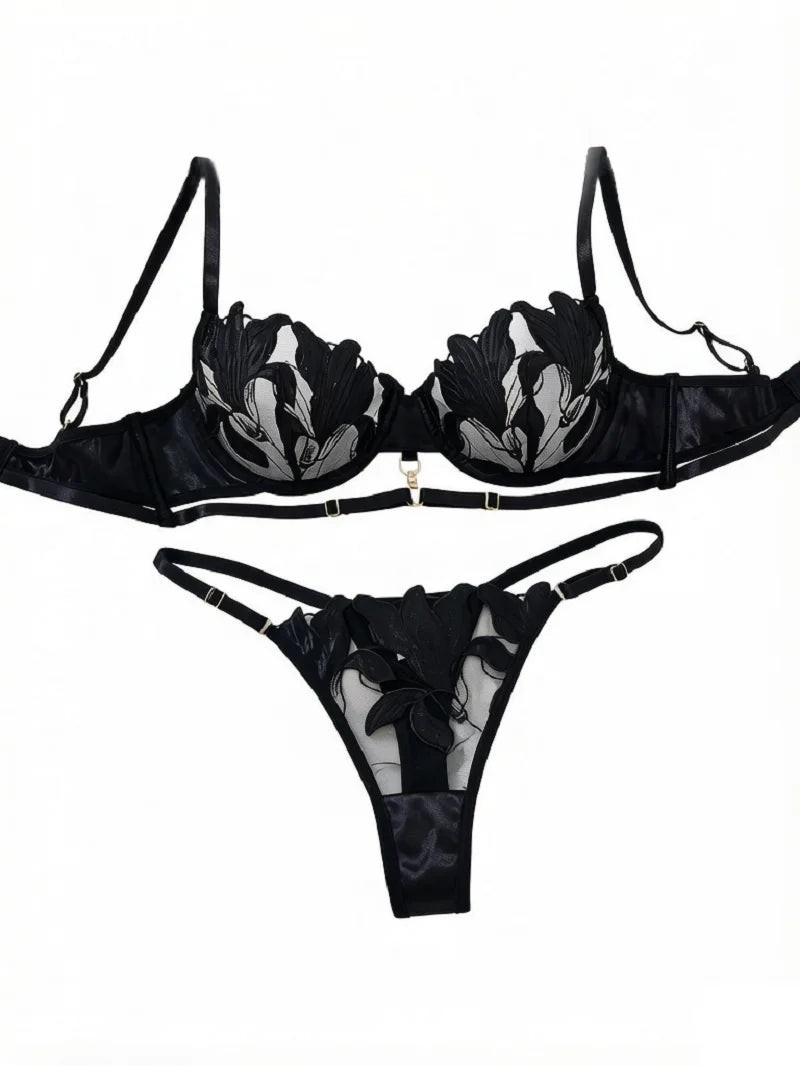 Sexy Women Black Floral Embroidery Lingerie Set Harness Strap Design Sheer Mesh Bra Thong Nightwear S‑XL