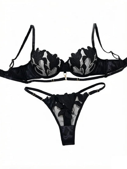 Sexy Women Black Floral Embroidery Lingerie Set Harness Strap Design Sheer Mesh Bra Thong Nightwear S‑XL