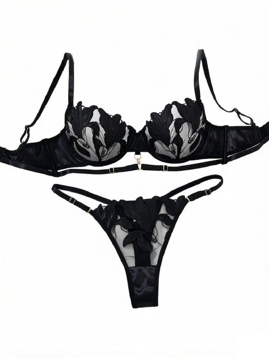 Sexy Women Black Floral Embroidery Lingerie Set Harness Strap Design Sheer Mesh Bra Thong Nightwear S‑XL