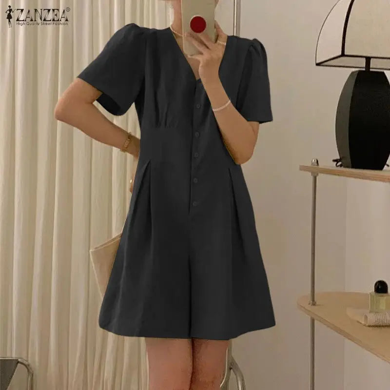 ZANZEA Woman Casual Half-Button Rompers V-Neck Short Sleeve Solid Color Short Jumpsuits Summer 2026 Playsuits Streetwear S-3XL