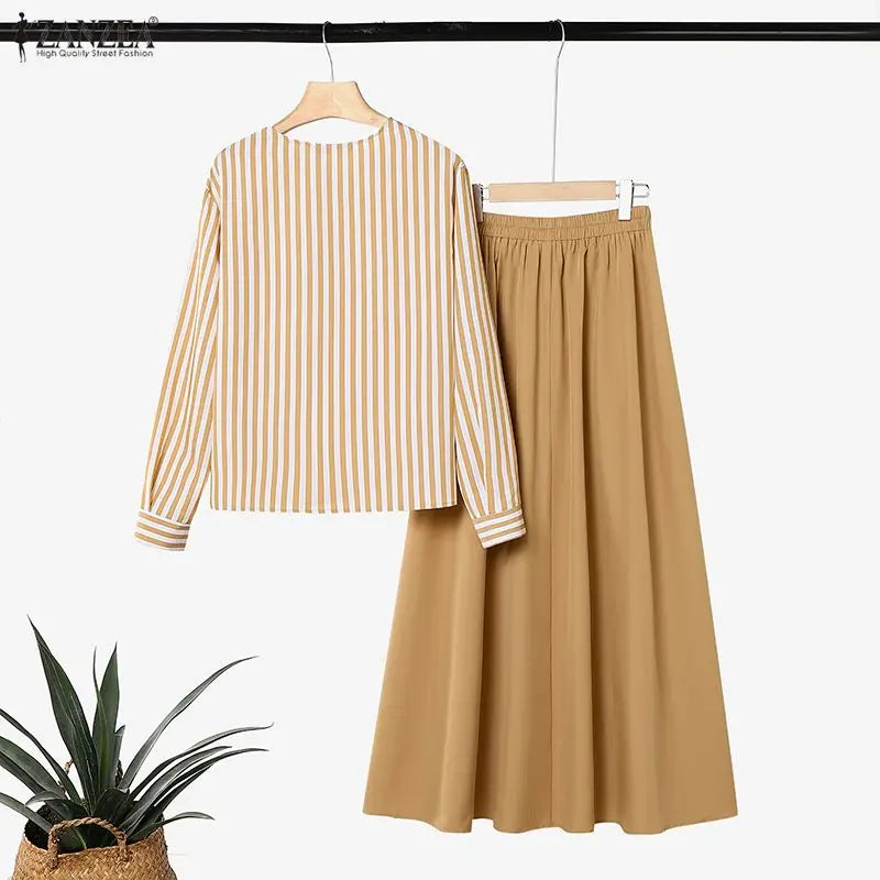 ZANZEA Women Muslim Matching Sets Modest Outfits Summer Long Sleeve Buttons -Up Striped Blouse Elastic Waist Pleated Skirt Suit