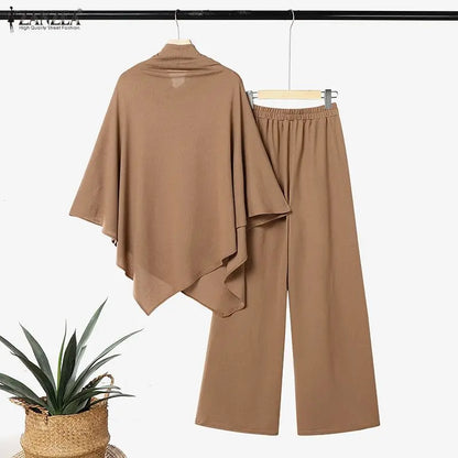 ZANZEA Women Minimalist Pant Sets Autumn Turtleneck 3/4 Sleeve Asymmetrical Hem Blouse & Pant 2pcs Sets Brushed Knit Co-ords